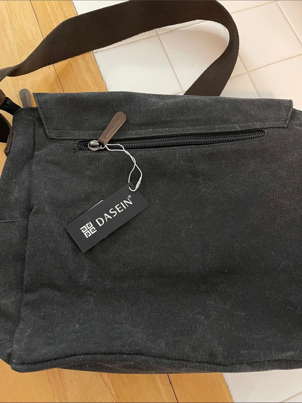 Dasein Men's Black Canvas Messenger Bag with Brown Accents